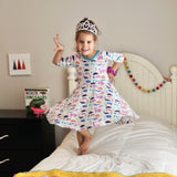 Dinosaur clothes for girls dinosaurs twirl dress with pockets girl clothing twirly pocket dresses science stem paleontology girly pink purple kids pants toddler shirt t-shirt birthday dino party theme gift baby children’s child infant nerd geek nerdy geeky ethical fashion brand style scientist smart smarty pima cotton Peru outfit apparel Kansas company mom-owned circle skirt ballet skater