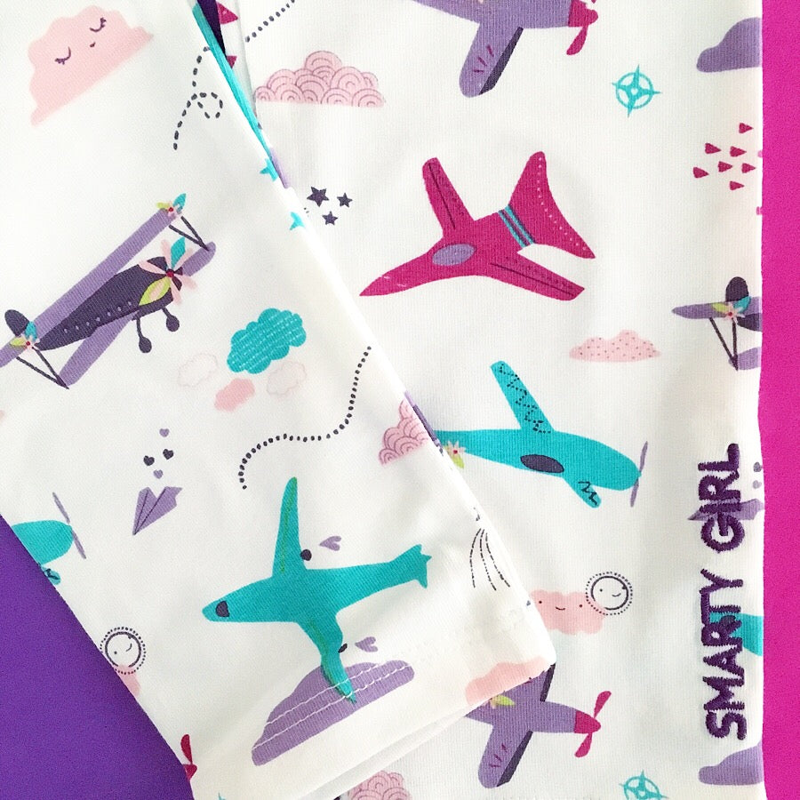 Girls airplane clothing airplanes clothes leggings girly science STEM pants pink purple shirt dress toddler smart geek nerd aviation pilot costume kids children Smarty Girl feminist brand