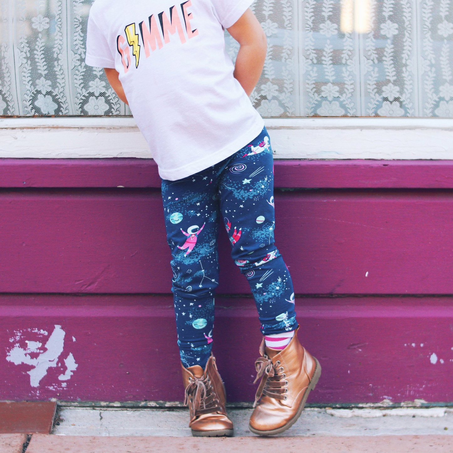 Girls astronaut clothes girl space clothing leggings astronauts pants planet galaxy star rocket rocketship moon spaceship NASA Smarty Girl science STEM girly pants dog cat smart geek nerd pink purple blue pima cotton Peru Peruvian kids children child