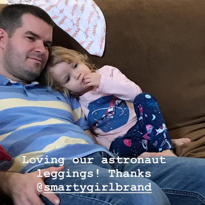 Girls astronaut leggings outer space Smarty Girl clothing science STEM clothes pima cotton Peru girly pants planet galaxy star rocket rocketship spaceship NASA smart geek nerd pink purple 