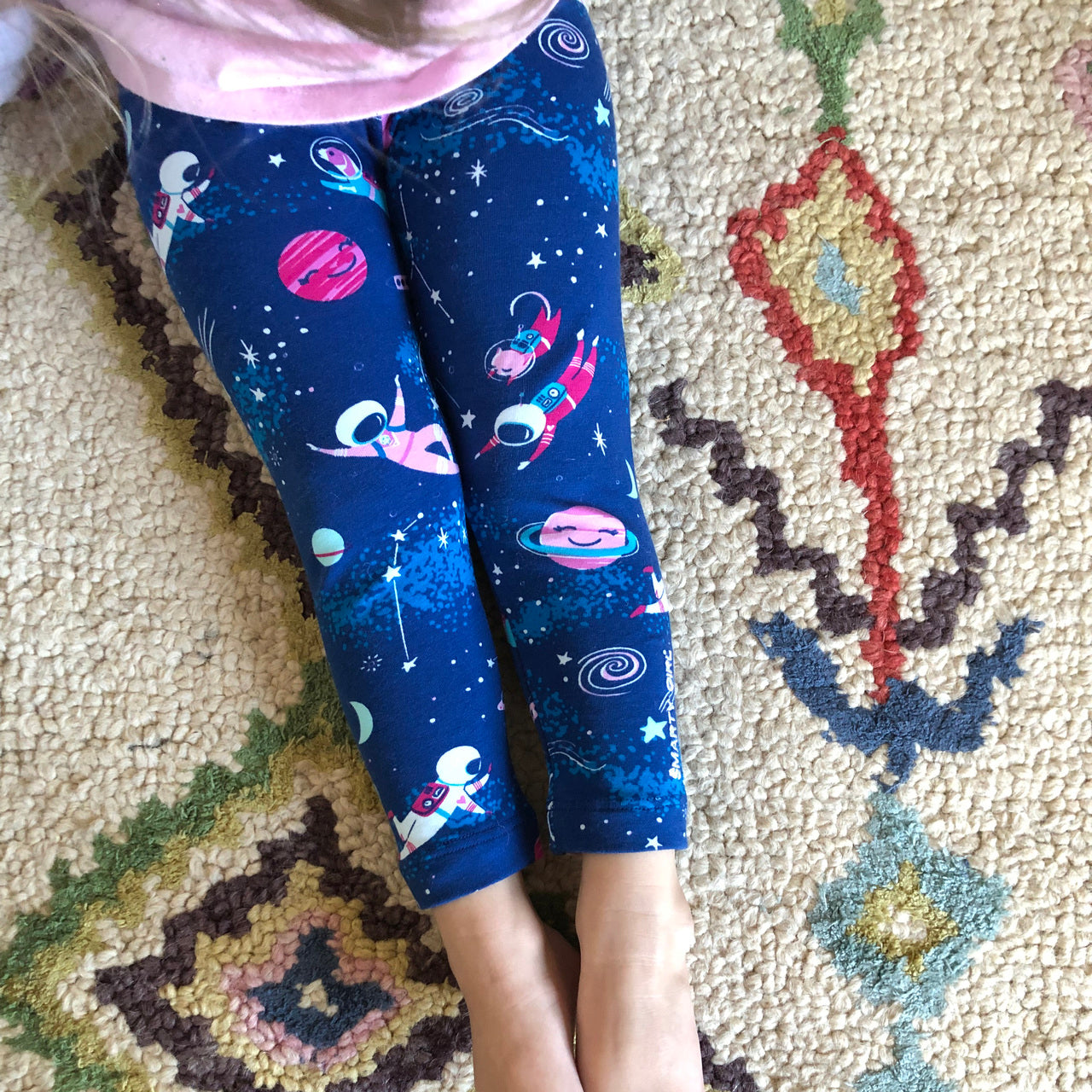 Girls astronaut leggings outer space Smarty Girl clothing science STEM clothes pima cotton Peru girly pants planet galaxy star rocket rocketship spaceship NASA smart geek nerd pink purple 