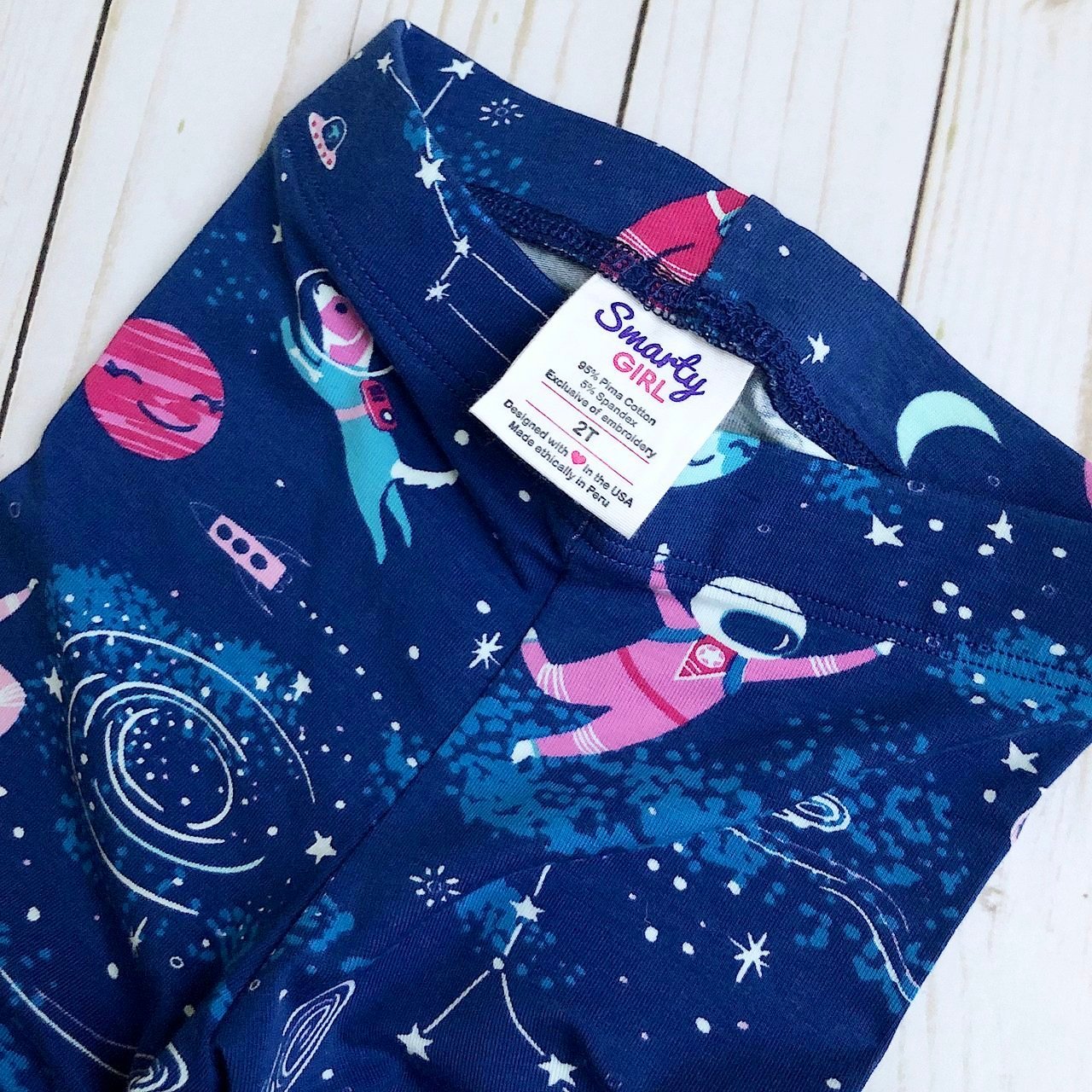 Girls astronaut leggings outer space Smarty Girl clothing science STEM clothes pima cotton Peru girly pants planet galaxy star rocket rocketship spaceship NASA smart geek nerd pink purple 