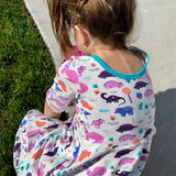 Dinosaur clothes for girls dinosaurs twirl dress with pockets girl clothing twirly pocket dresses science stem paleontology girly pink purple kids pants toddler shirt t-shirt birthday dino party theme gift baby children’s child infant nerd geek nerdy geeky ethical fashion brand style scientist smart smarty pima cotton Peru outfit apparel Kansas company mom-owned circle skirt ballet scoop turquoise back skater neckline contrast design