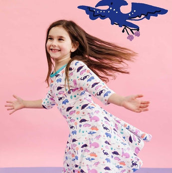 Dinosaur clothes for girls dinosaurs twirl skirt dress with pockets girl clothing twirly pocket dresses science stem paleontology girly pink purple kids pants toddler shirt t-shirt birthday dino party theme gift baby children’s child infant nerd geek nerdy geeky ethical fashion brand style scientist smart smarty pima cotton Peru outfit apparel Kansas company mom-owned circle ballet skater fit and flare