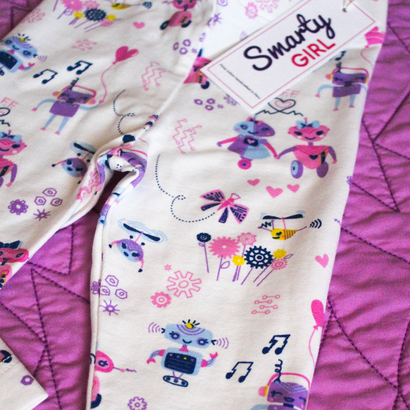 Girls robot clothes girl robots clothing leggings pants robotics Smarty Girl toddler scientist kids child coding coder computer programming mechanical computer science STEM clothes girly engineer engineering technology smart geek nerd pink purple BFF baby children kid pima cotton Peru Peruvian outfit apparel brand company style fashion outfit