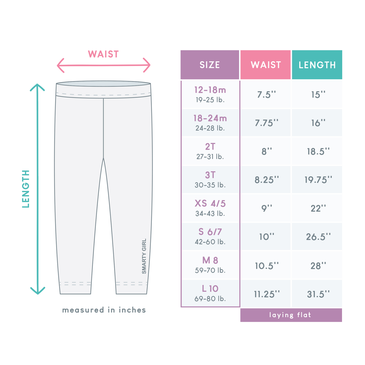 Smarty Girl leggings size chart sizes guide measurements sizing science clothes for girls pants STEM clothing space pants astronaut astronauts sloth sloths narwhal narwhals whale whales robot robots shirt dress kids childrens child toddler birthday kid party theme gift costume smart geek nerd nerdy apparel geeky female empowerment brand line company baby outfit