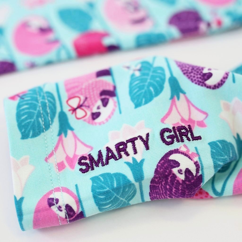 Sloth leggings sloths girls clothing girl clothes pants shirt tshirt dress pink purple girly science STEM embroidery biology biologist kid kids child children baby toddler smart geek nerd nerdy geeky tropical jungle rainforest green birthday party theme gift pima cotton Peru ethical fashion female empowerment style brand embroidery 